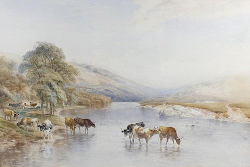 Frederick Tucker, (1860-1935)Cattle watering in a wooded river landscapeWatercolour, signed 'Fred. T
