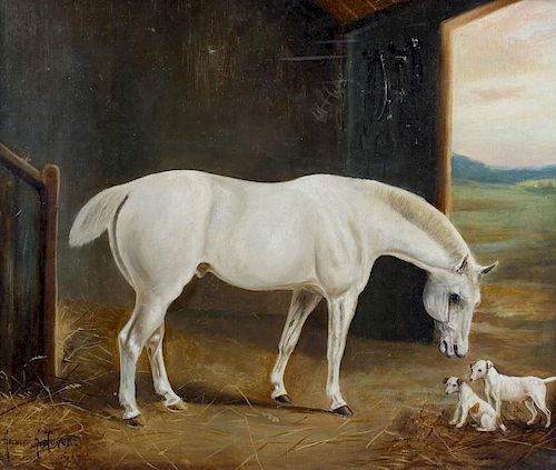 Herbert H St John Jones (1872 - 1939), an oil painting on canvas, interior barn scene, with a grey h