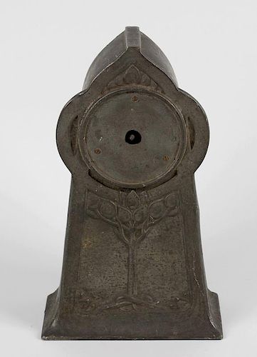 An Arts and crafts pewter clock, the design attributed to David Veasey (Veazey), early 20th century,