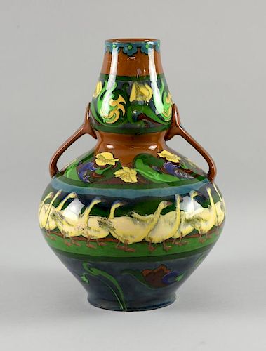 Wileman Foley intarsio twin handled vase, designed by Frederick Rhead, painted with flowers and with