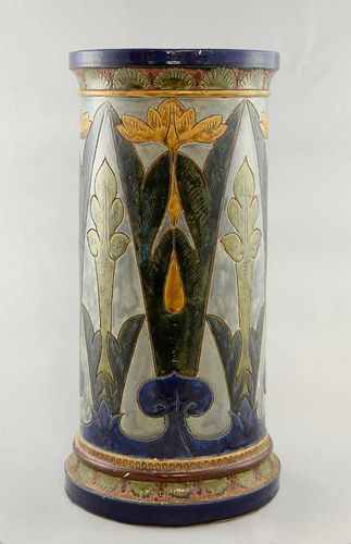 Fulham Pottery umbrella stand by Jean-Charles Cazin, incised with flower and foliage designs, in col