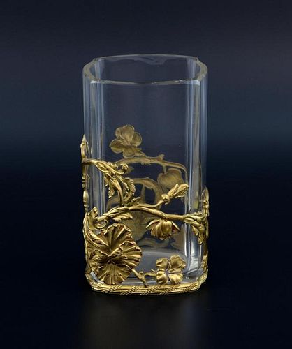 Glass vase with floral Art Nouveau mount, in gilt metal  14 cm high