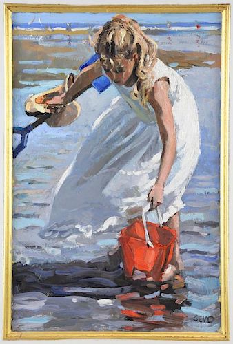 § Sherree Valentine Daines (British, b.1956) 'Shrimping'. Oil on board, signed SEVD, 45cm x 30cm. Fr
