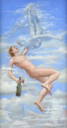 § Eric Holt (b.1944), 'Exion and Nephele', signed and dated 1987, egg tempera, 58.5cm x 33cm,The Pic