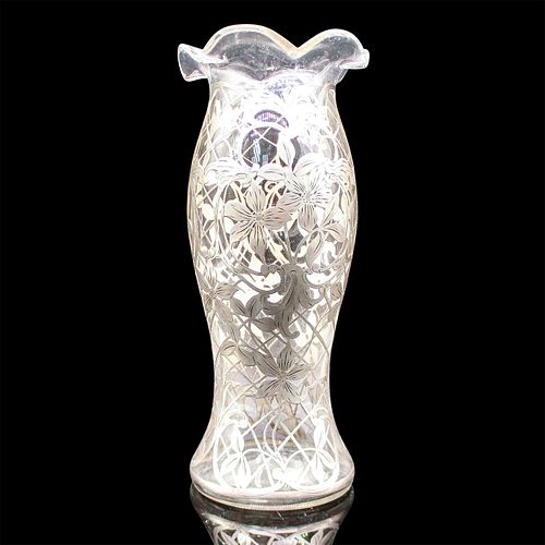 Art Nouveau Glass Vase With Floral Silver Overlay
