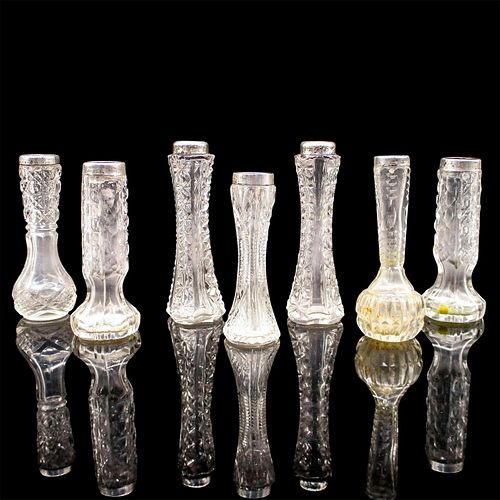 7pc Vintage Mini Cut Glass Bud Vases With Sterling Silver