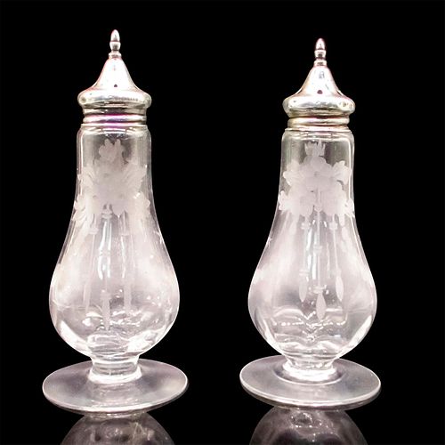 2pc Vintage Etched Glass Salt and Pepper Shakers