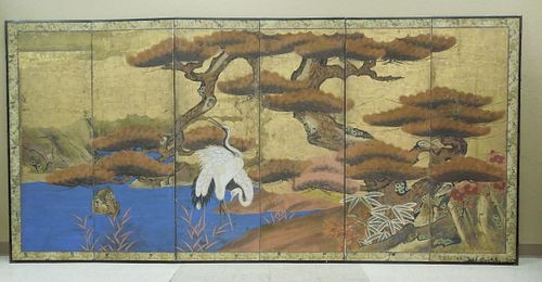 Japanese Six Panel Painted Screen, Edo period.