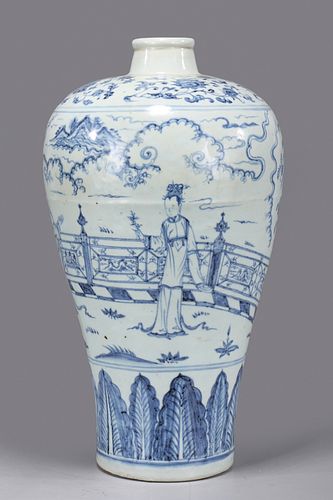 Large Chinese Ming Dynasty Blue & White Windswept Meiping Vase