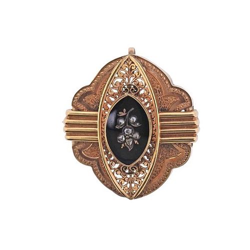 Antique Victorian 18k Gold Diamond Onyx Brooch Pendant 