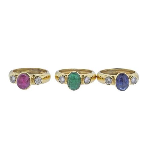 Emis 18k Gold Diamond Sapphire Ruby Emerald Ring Set of 3