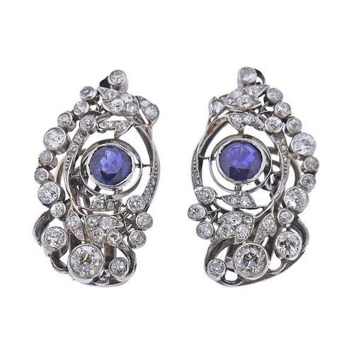 Midcentury Platinum Diamond Sapphire Earrings