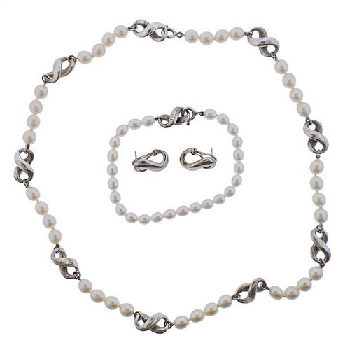 Tiffany &amp; Co Silver Pearl Infinity Necklace Bracelet Earrings Set