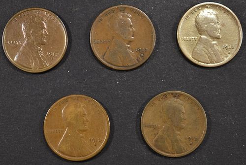 (5) 1913-S LINCOLN CENTS  G-F