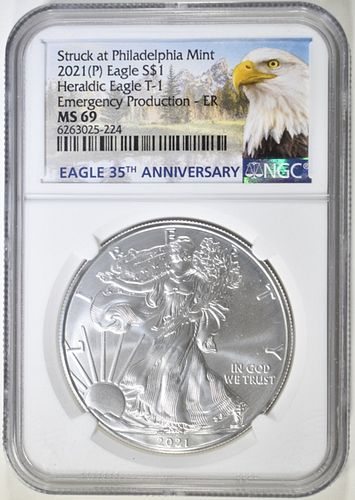 2021 (P) T-1 AMERICAN SILVER EAGLE  NGC MS-69