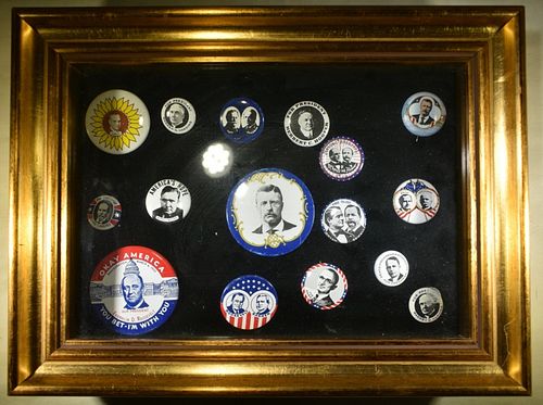 16 MIXED US PRESIDENT  BUTTONS IN DISPLAY CASE
