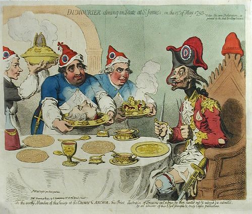 Six coloured satirical cartoons Dumourier dining in State at St James's, on the 15th of May 1793, et