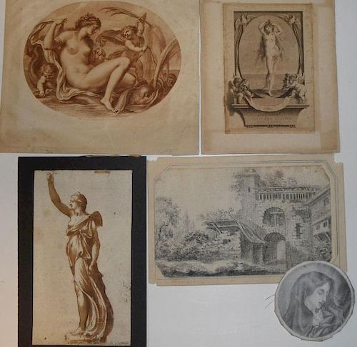 A box of various antique prints and old master style drawings to include: an indistinctly signed pen