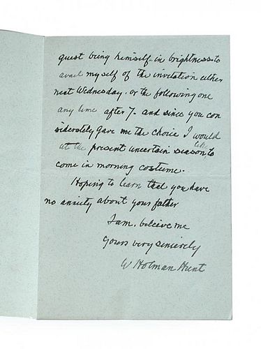 HUNT (William Holman) Autograph letter signed to Miss Frith, daughter of the artist William Powell F