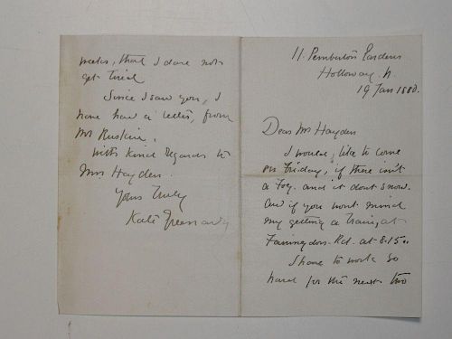 GREENAWAY (Kate) Autograph letter signed to Mr G.H.Hayden, Bethlem Royal Hospital, dated 19 Jan 1880