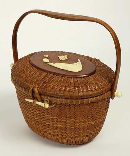 Jose Formoso Reyes Nantucket Friendship Basket with Carved Nantucket Island on the Lid