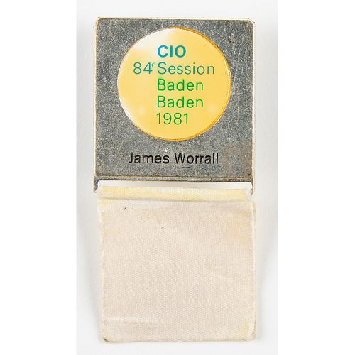 84th IOC Session in Baden-Baden, 1981. IOC Member&#39;s Badge for James Worrall
