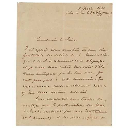 Pierre de Coubertin Autograph Letter Signed to the Mayor of Ancient Olympia