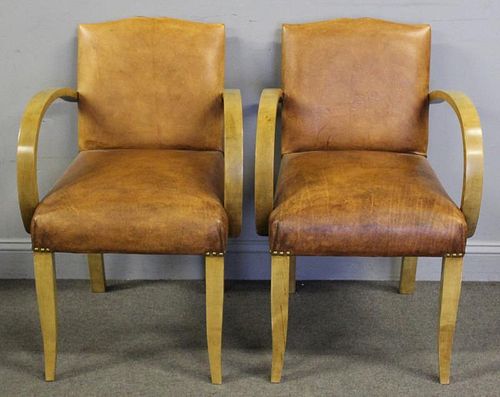 Pair of Art Deco Leather Upholstered Bent Arm