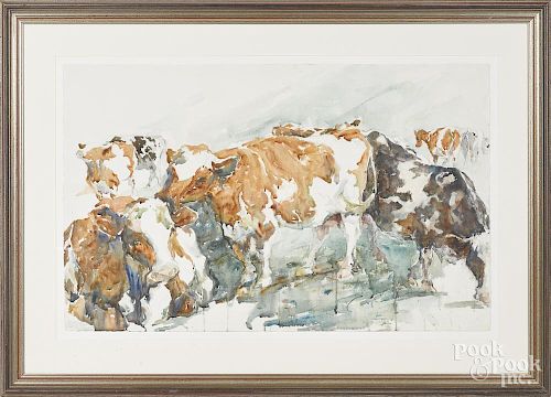Cookie Finn (American 20th/21st c.), watercolor, titled Cows, signed lower right