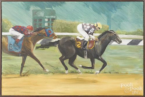 Nicholas Rosal (American 20th/21st c.), oil on canvas of a horse racing scene, signed lower right