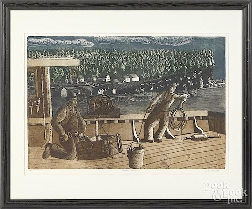 John Neville (Canadian, b. 1952), engraving, titled Lobster Fishing, signed lower right