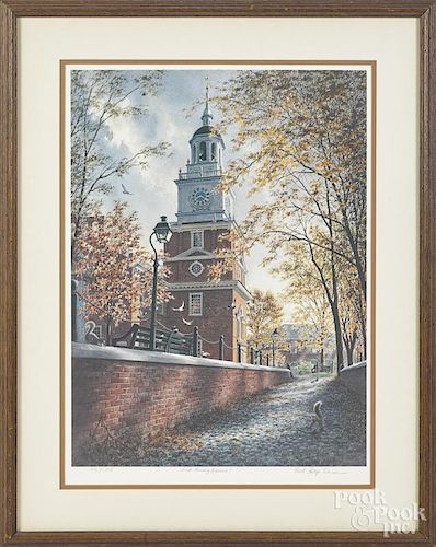 Bart Phillips Sloane (American 20th/21st c.), lithograph of Independence Hall