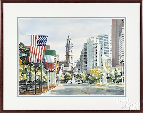 Raimond Del Noce (American 20th/21st c.), watercolor of a Philadelphia street scene, signed