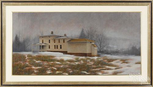 Clint Crosthwaite (American 20th/21st c.), acrylic on board, titled Longhouse, signed lower right