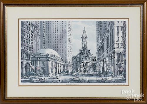 William Ressler (American, b. 1929), lithograph, titled Broad and Chestnut, signed lower right