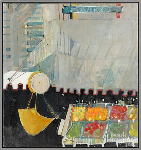 Elisa Khachian (American 20th/21st c.), oil on canvas, titled Market, signed lower right