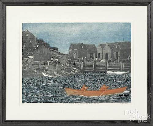 John Neville (Canadian, b. 1952), engraving, titled Andrew and Albert Rowing Against a Tidal Surge
