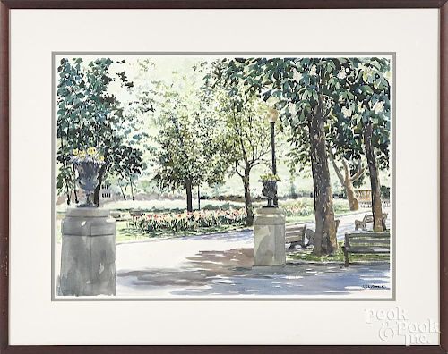 Raimond Del Noce (American 20th/21st c.), watercolor of a park scene, signed lower right, 20'' x 28''.