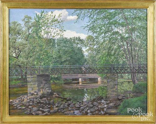 Irene Buszko (American, b. 1947), oil on canvas, titled Footbridge on the Paulingskill, signed