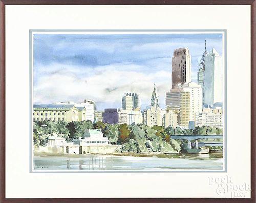 Raimond Del Noce (American 20th/21st c.), watercolor of a Philadelphia cityscape, signed lower left