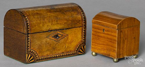 Two English dome lid tea caddies, 19th c., 6'' h., 9'' w. and 5 1/2'' h., 4 1/2'' w.
