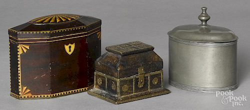 English pewter tea caddy, 19th c., together with a later tin caddy and a small oak casket