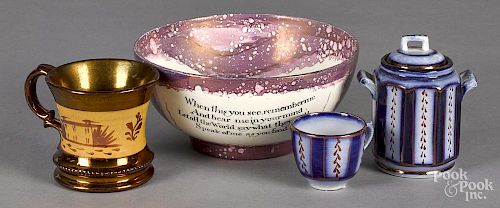 Sunderland lustre Cordwainers bowl, 19th c., 3 1/2'' h., 8'' dia., together with a mug, a sugar