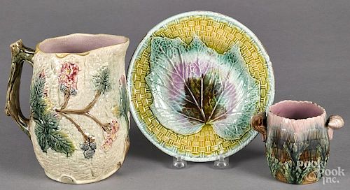 Majolica pitcher, 7 1/4'' h., sugar, and plate, 19th c.