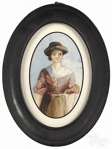 Small English watercolor portrait of a young woman, late 19th c., 5'' x 3 1/4''.