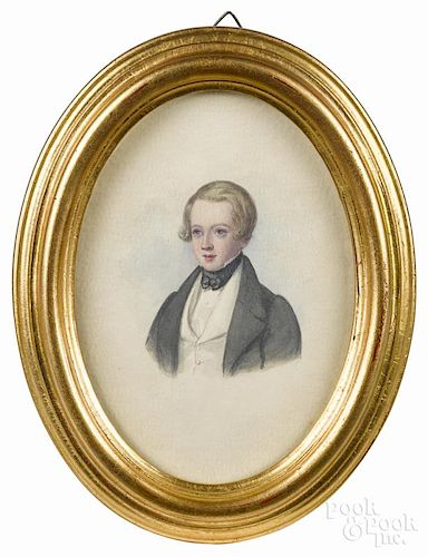 Set of four English watercolor portraits, mid 19th c., of children of the Hutchins family