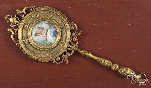 French brass dressing mirror, early 20th c., with an inset miniature portrait of a woman, 11'' l.