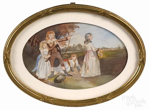 Miniature watercolor of four children, 19th c., 2 3/4'' x 4 1/4''.