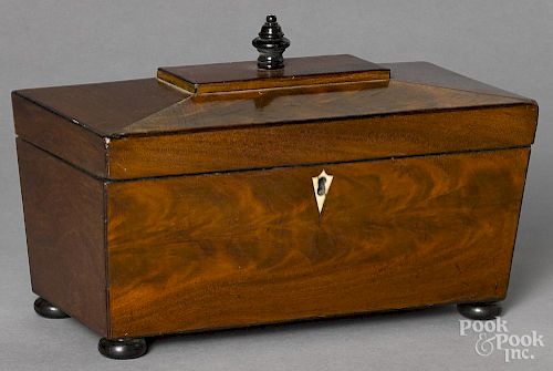 Regency mahogany tea caddy, early 19th c., with a fitted interior and a glass bowl, 7 1/2'' h.