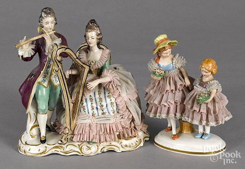 Frankenthal porcelain musical grouping, 9'' h., together with a Dresden group of two girls, 7'' h.